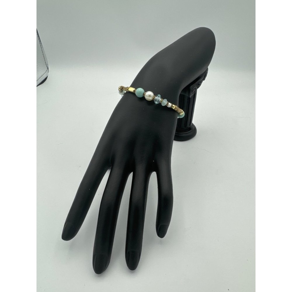 Beaded Stretch Bracelet in Tones of Gold and Turquoise 7 inch
